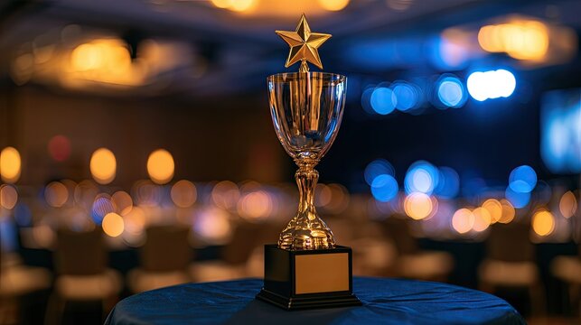 Gilded trophy with star atop, displayed at an elegant event
