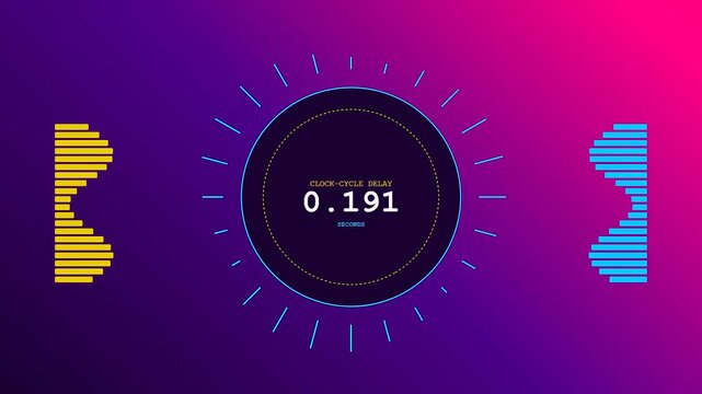 Compute latency display showing dynamic shifting circular progress bars with glowing digital numbers floating above a vibrant purple and magenta gradient surface in a modern studio environment