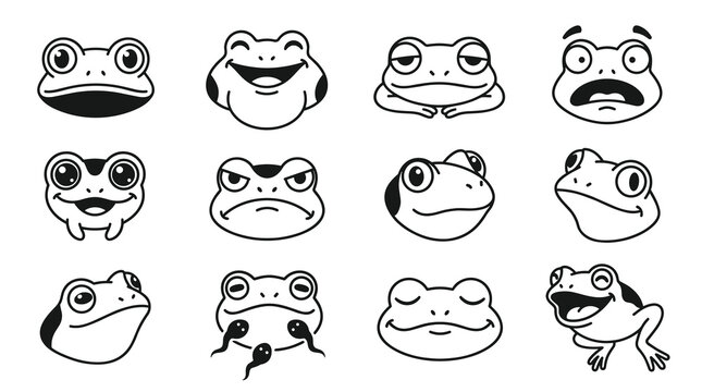 Set of diverse frog faces, expressing various emotions like happiness, surprise, and anger, cartoon style elements