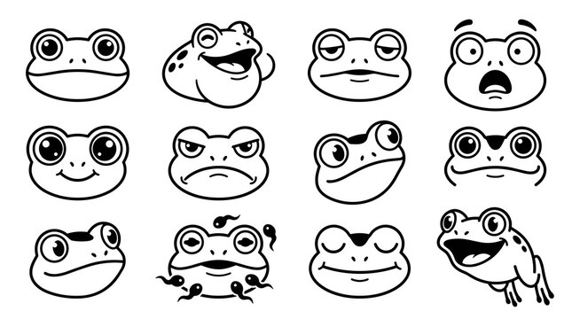 Set of simple outline cartoon frog faces with various emotions, happy, sad, surprised, angry, sleepy, and laughing, in a flat design style