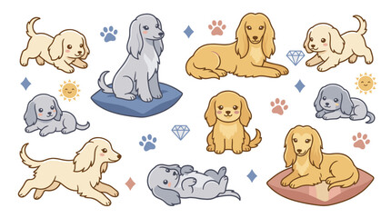 Obraz premium Set of cocker spaniel dog illustrations in flat style, featuring playful puppies, sitting, sleeping, and jumping poses, perfect for pet shop stickers