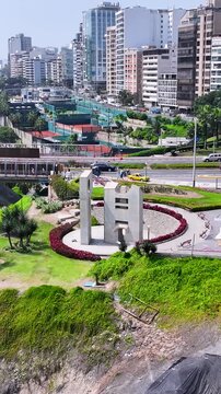 Intihuatana Sculpture In Miraflores Lima Peru. Bird Eye View Of Stunning Iconic Recreational Park Of The City. Downtown Cityscape. Cities Of The World. Miraflores Lima.
