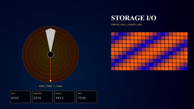 Compute latency visualizations are shown on triple dashboard displays illustrating storage performance metrics with glowing orange and blue grid patterns moving across a dark screen