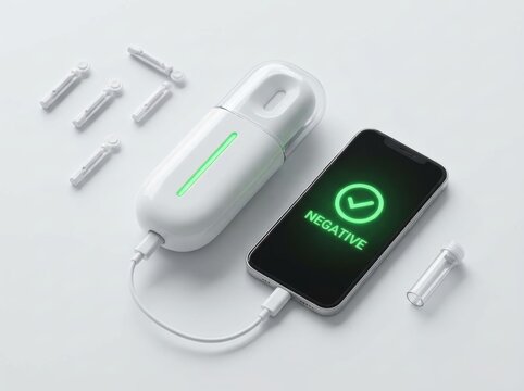 Medical diagnostic device connected to smartphone showing negative test result. Digital health monitoring equipment for coronavirus and viral infection screening. Innovative home healthcare kit.