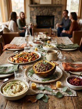 Festive table set with roasted vegetables, stuffed squash and cranberry sauce. Group of family members eating dinner by fireplace. Thanksgiving holiday celebration and home meal.