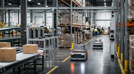 Fototapeta premium Autonomous mobile robots navigating between conveyor lines, pallet racking, sensor towers, and docking stations in a warehouse.