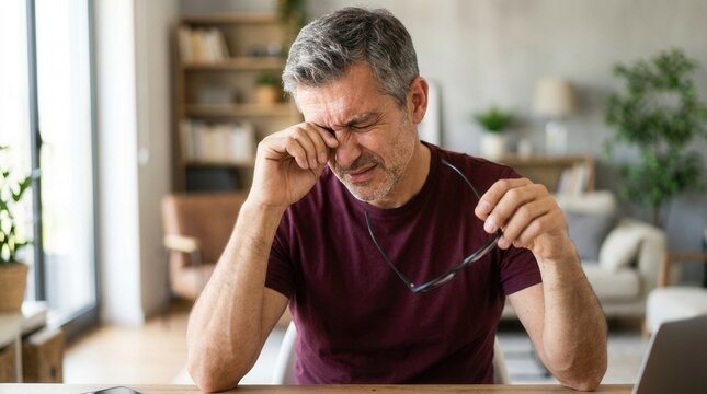 Middle-aged man experiencing eye glaucoma or tired dry eyesight symptoms.