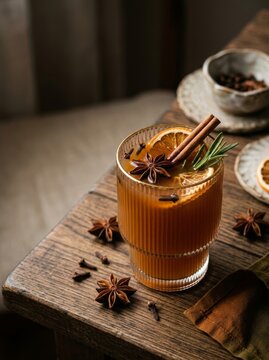 Glass of hot mulled cider on wooden table. Seasonal warming drink with orange, cinnamon, star anise, clove and rosemary. Traditional aromatic spiced beverage for winter holiday.