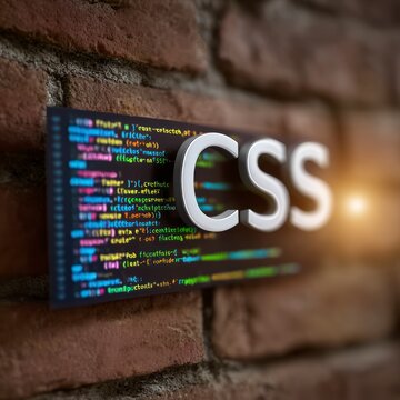 3D rendered text representing cascading style sheets on a dark digital background with colorful programming code, mounted on a rustic weathered brick wall.