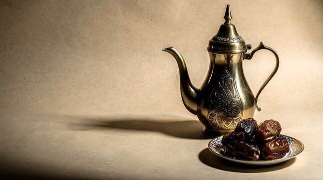 Golden Arabic Teapot with Sweet Dates on Plate, Symbolic of Ramadan and Middle Eastern Hospitality