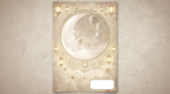 Vintage Ramadan Lunar Calendar featuring Moon Phases Decorative Mandala and Traditional Lanterns