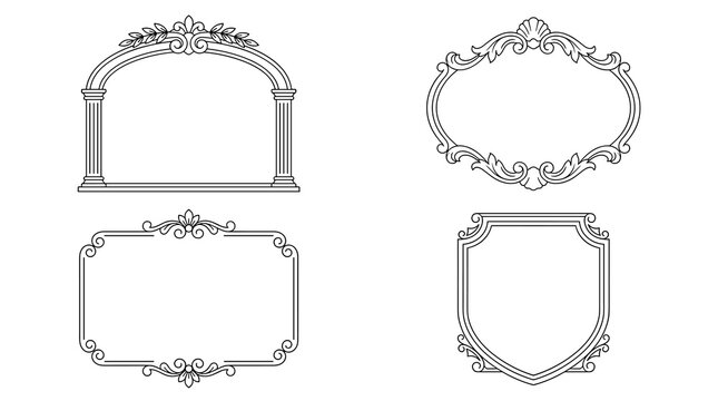 Set of decorative vector frames with floral ornaments and vintage scrollwork details, ideal for wedding invitations, elegant stationery designs, and