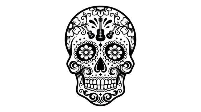 Ornate black and white Mexican sugar skull illustration.
