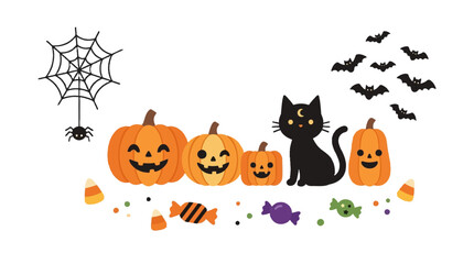 Obraz premium 2d FLAT MINIMALISM Halloween illustration with pumpkins, black cat, spider, bats and candy PNG Isolated on transparent background vector