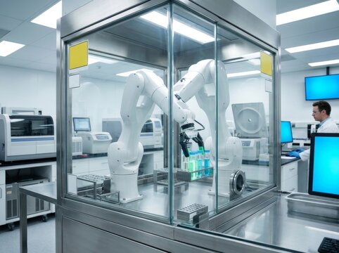 Robot arm handling test tube in laboratory. Scientist man working with automated system for medical research. Industrial robotic technology in clinical diagnostics and pharmacy development.