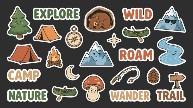 Set of camping and hiking adventure stickers with mountain, tent, bear, campfire, and typography for travel enthusiasts and outdoor exploration