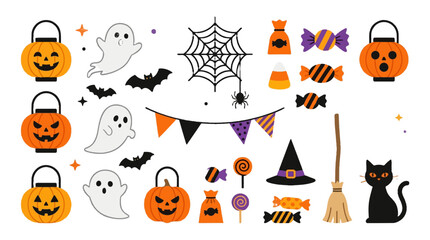 Obraz premium 2d FLAT MINIMALISM Halloween Icons Collection Featuring Pumpkins Ghosts Bats Candy and Witch Hat PNG Isolated on transparent background vector