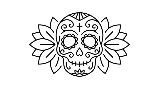 Simple sugar skull line art with floral patterns.