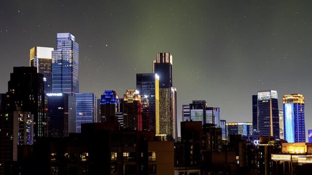 Chongqing cyberpunk city skyline with fantasy stars in the night sky 