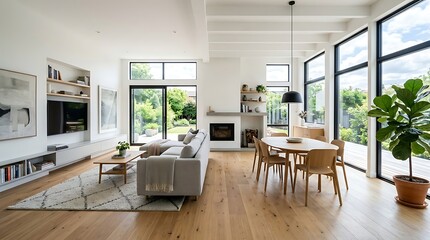 Fototapeta premium Modern Minimalist Living Room with Open Plan Dining Area, Large Windows, and Garden View Interior