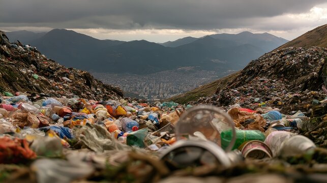 A vast landfill of plastic waste blankets a valley, obscuring a distant city