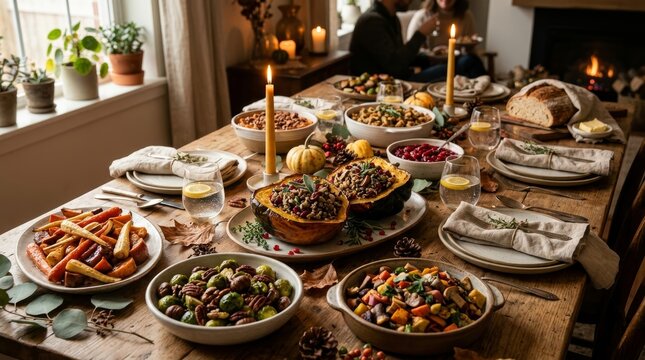Thanksgiving dinner celebration with a table full of healthy vegetable dishes and roasted squash. Family gathering for a harvest feast in a cozy home setting with glowing candles.