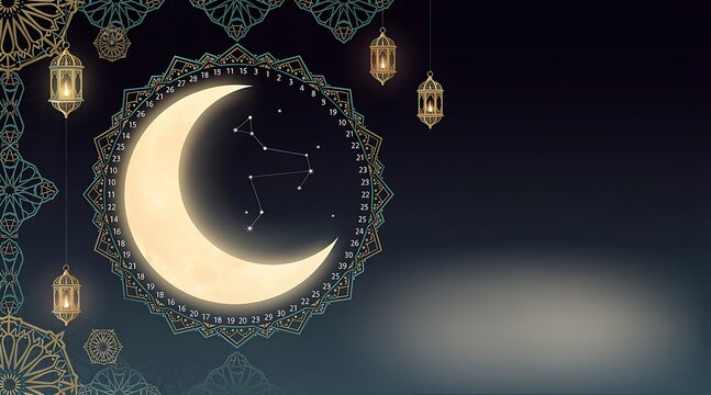 Islamic 30 Days Ramadan Calendar Design with Crescent Moon and Golden Lanterns for Eid Celebration