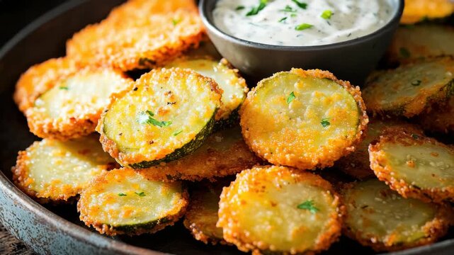 Baked golden-brown zucchini fries with a creamy dipping sauce on a plate, ready to eat.