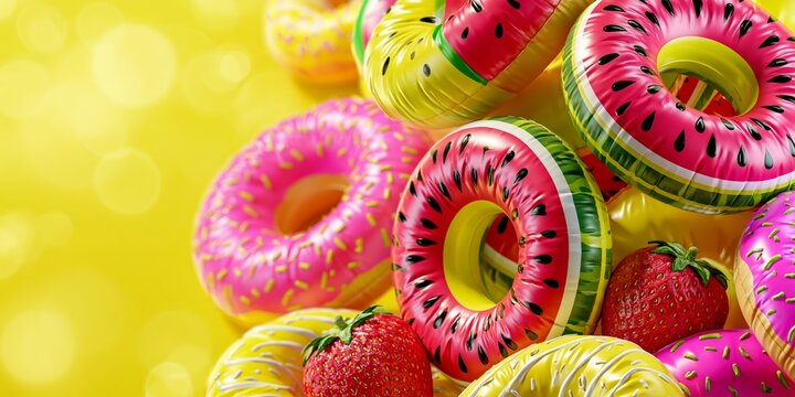 Bright summer pool floats featuring watermelon and donut designs surrounded by fresh red strawberries against a sunny yellow backdrop.