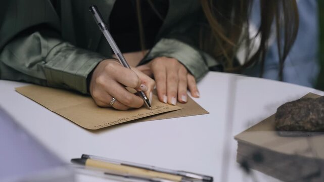 A woman is writing a note with a message at an event. Close‑up shot of hands.