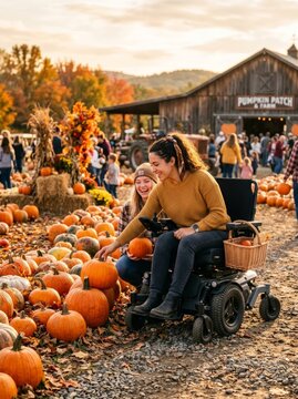 Woman in electric wheelchair and her friend picking pumpkin at farm. Happy friends enjoying autumn day at pumpkin patch. Halloween activity, inclusion, accessibility and fall lifestyle.