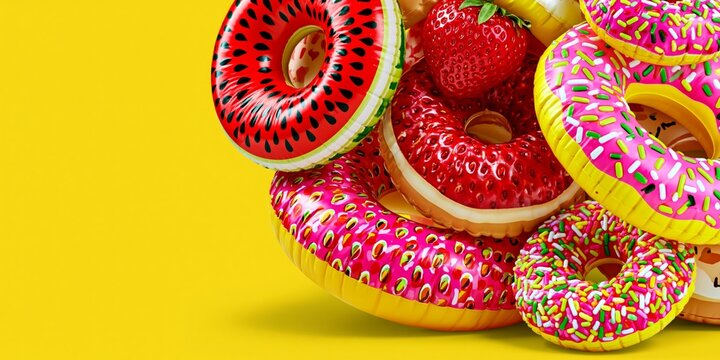 Colorful inflatable donut and fruit pool floats stacked on a bright yellow background with a fresh strawberry.