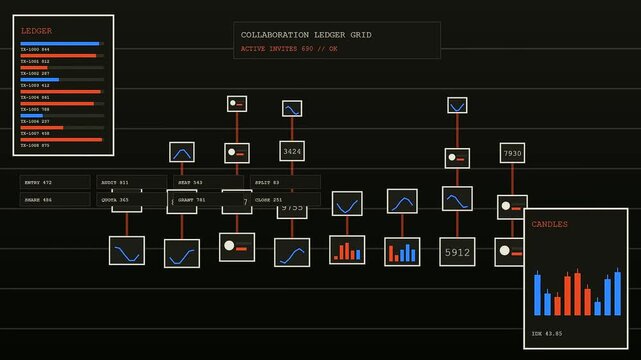 A digital collaboration invite grid displays intricate data flow nodes and statistics in a dark interface featuring glowing lines bar charts and network nodes