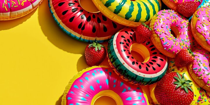 Vibrant summer scene featuring inflatable donut and watermelon pool rings with fresh strawberries on a sunny yellow background.
