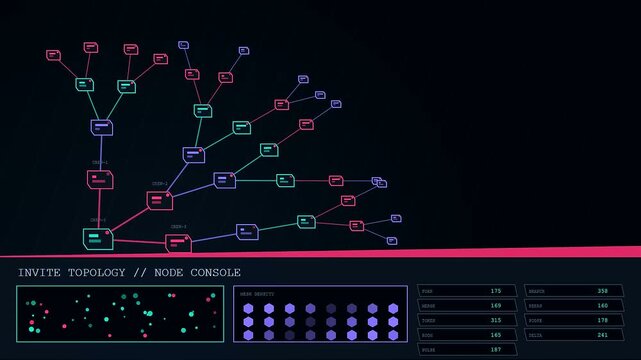 A digital collaboration invite tree diagram grows on dark screen showing connection paths of glowing nodes in a complex network for modern business data analysis