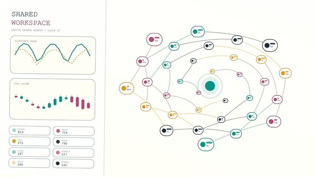 A digital collaboration invite animation displays complex interface charts alongside shifting geometric nodes forming an intricate network of moving circles and thin lines upon a flat screen