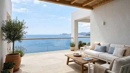 Fototapeta premium Modern mediterranean terrace with sea view and comfortable seating