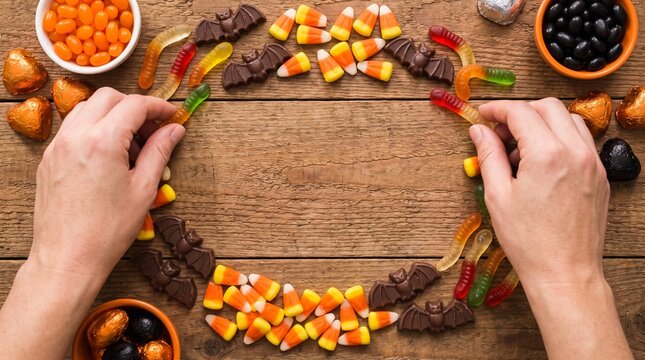 Hands arranging Halloween candy in a circular pattern on a wooden table, with bowls of candy corn, gummy worms, chocolate bats, and black jelly beans