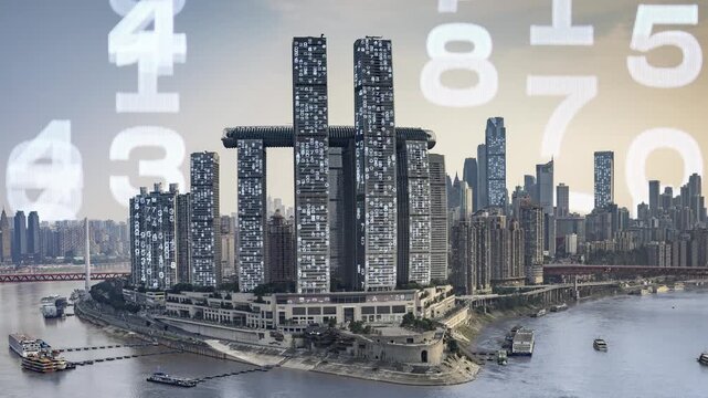 chongqing cyberpunk city with overlayed code and data on the buildings