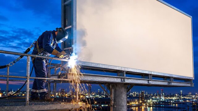 Welder Working on Large Blank Billboard with Sparks and Copy Space at Night