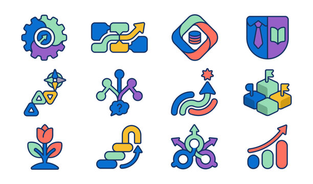 Business strategy and growth featuring charts, gears, and pathfinding symbols