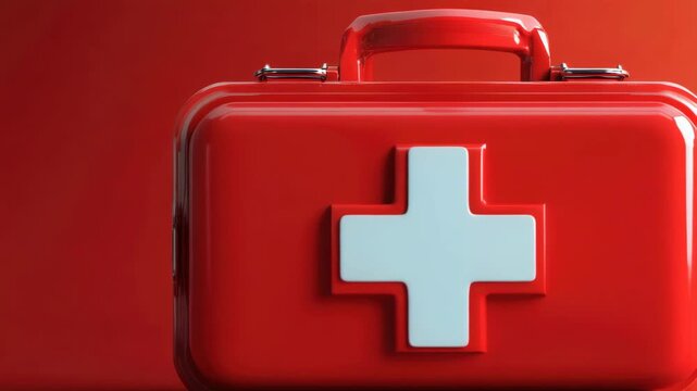 A red first aid kit with a white cross symbol on the top.