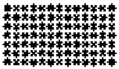 Fototapeta premium Numerous black puzzle pieces arranged in rows on a clean white background for conceptual use