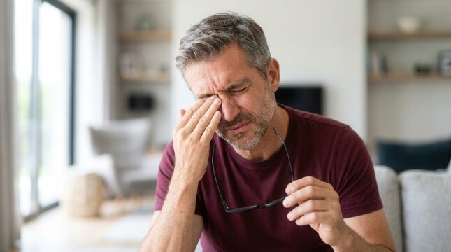 A mature man rubbing his eye due to dry eyesight or glaucoma discomfort.