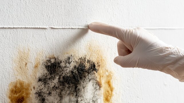 Gloved finger points at damp, discolored patch of mold growth on a textured wall