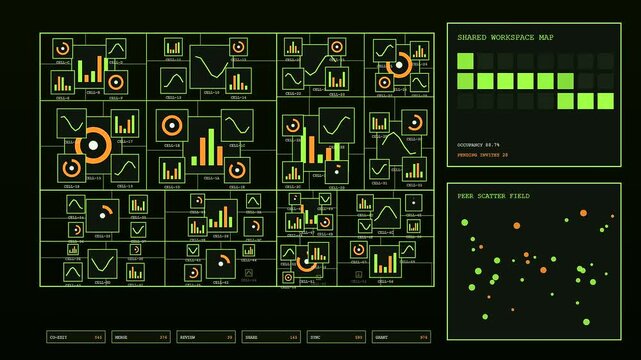 A digital collaboration invite interface displays green glowing line graphs and abstract circle charts moving across dark monitor screens in this modern virtual workstation environment