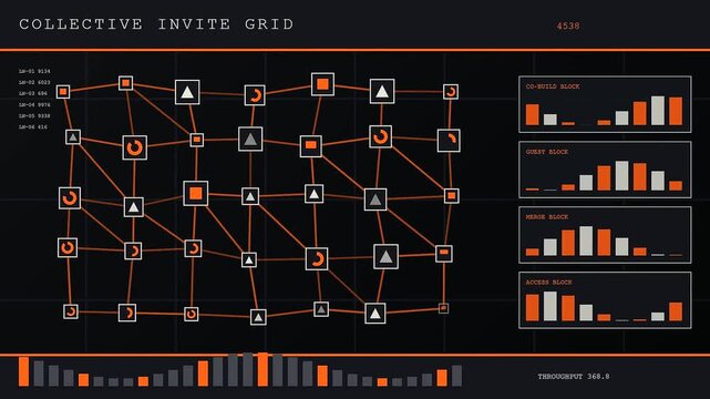 A digital collaboration invite is displayed across a complex interface featuring interconnected geometric nodes charts and glowing orange bar metrics for advanced data monitoring systems
