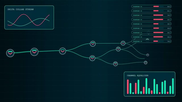 A digital collaboration invite expands across the dark interface as complex nodes connect through flowing lines and glowing charts appear within a sleek virtual monitor display