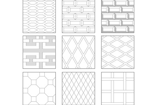 Set of nine architectural and geometric repeating vector patterns featuring bevel-edged subway tiles, hexagonal grids, diamond trellis lattices, octagonal floor tiles, and woven strapwork designs.