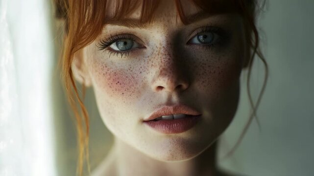 A stunning redheaded model with freckles.